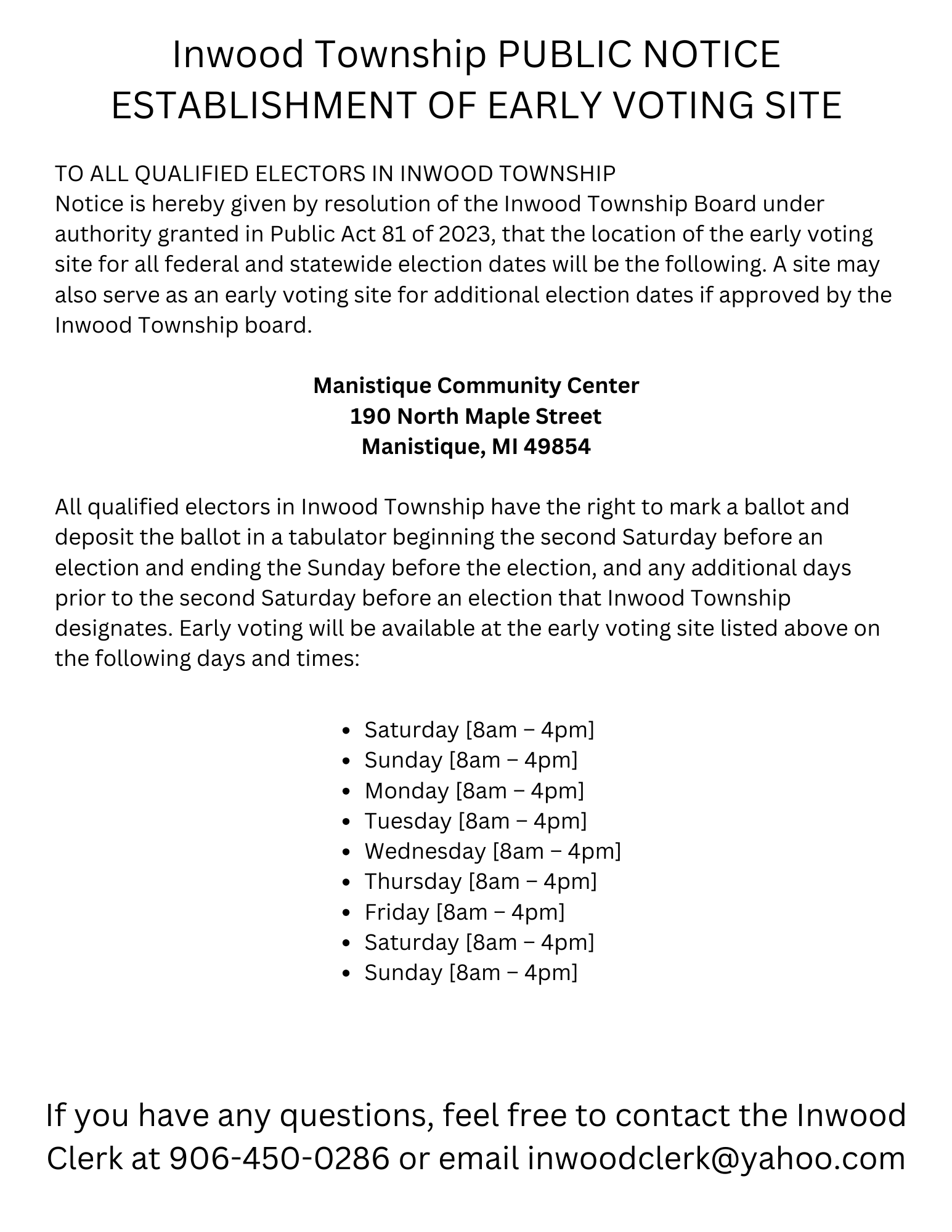 Early voting site announcement